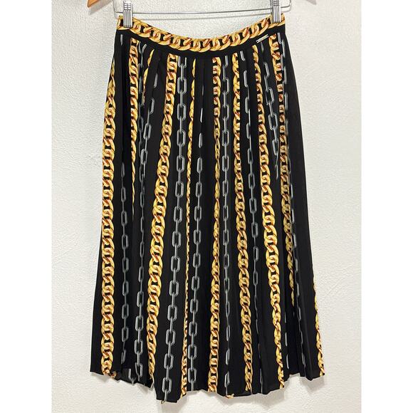 VTG Mamo Midi Pleated Skirt S Black Gold Silver Chain Baroque Print Luxury Glam - Picture 7 of 12